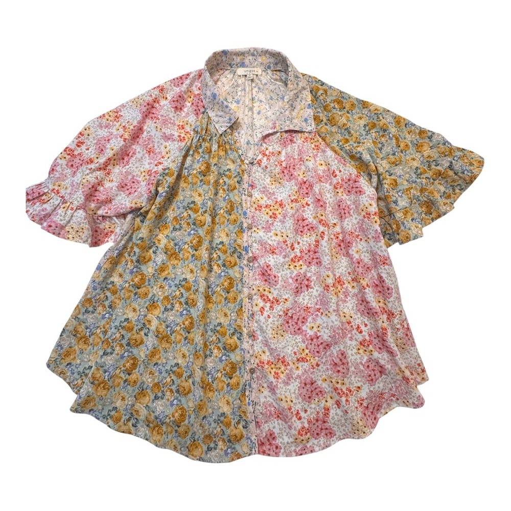 Umgee Patchwork Floral Button-Up Top Coquette Cot… - image 1